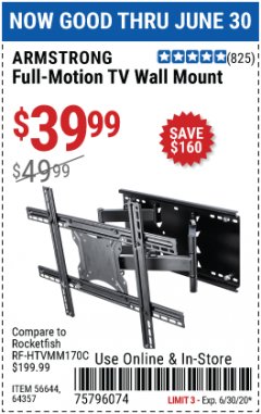 Harbor Freight Coupon FULL-MOTION TV WALL MOUNT Lot No. 56644/64357 Expired: 6/30/20 - $39.99