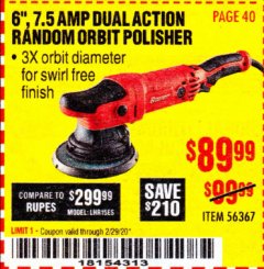 Harbor Freight Coupon BAUER 6", 7.5 AMP DUAL ACTION RANDOM ORBIT POLISHER Lot No. 56367 Expired: 2/29/20 - $89.99