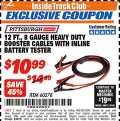 Harbor Freight ITC Coupon 12 FT. 8 GAUGE HEAVY DUTY BOOSTER CABLES WITH INLINE BATTERY TESTER Lot No. 60278/68701 Expired: 9/30/18 - $10.99