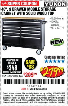 Harbor Freight Coupon YUKON 46", 9 DRAWER MOBILE STORAGE CABINET WITH SOLID WOOD TOP Lot No. 56613/57805/57440/57439 Expired: 2/29/20 - $279.99
