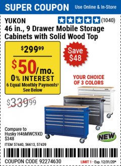Harbor Freight Coupon YUKON 46", 9 DRAWER MOBILE STORAGE CABINET WITH SOLID WOOD TOP Lot No. 56613/57805/57440/57439 Expired: 12/31/20 - $299.99