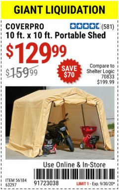 Harbor Freight Coupon 10 FT. X 10 FT. PORTABLE SHED Lot No. 56184/63297 Expired: 9/30/20 - $129.99