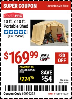 Harbor Freight Coupon 10 FT. X 10 FT. PORTABLE SHED Lot No. 56184/63297 Expired: 9/18/22 - $169.99