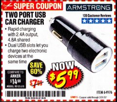 Harbor Freight Coupon 2 PORT USB CAR ADAPTER Lot No. 64976 Expired: 3/31/20 - $5.99