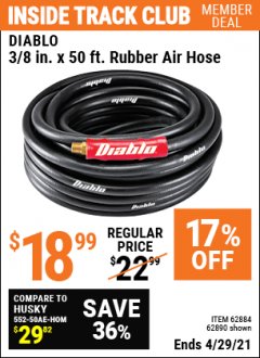 Harbor Freight ITC Coupon 3/8" X 50 FT. INDUSTRIAL GRADE RUBBER AIR HOSE Lot No. 61939/62884/62890 Expired: 3/29/21 - $18.99