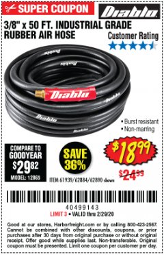 Harbor Freight Coupon 3/8" X 50 FT. INDUSTRIAL GRADE RUBBER AIR HOSE Lot No. 61939/62884/62890 Expired: 2/29/20 - $18.99