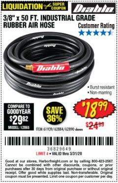 Harbor Freight Coupon 3/8" X 50 FT. INDUSTRIAL GRADE RUBBER AIR HOSE Lot No. 61939/62884/62890 Expired: 3/31/20 - $18.99