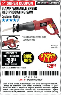 Harbor Freight Coupon 6 AMP VARIABLE SPEED RECIPROCATING SAW Lot No. 65570/61884/62370 Expired: 2/29/20 - $19.99