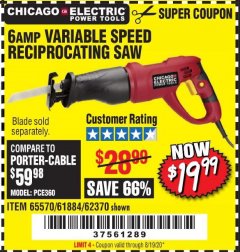 Harbor Freight Coupon 6 AMP VARIABLE SPEED RECIPROCATING SAW Lot No. 65570/61884/62370 Expired: 8/19/20 - $19.99