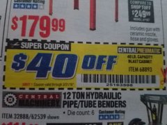 Harbor Freight Coupon 40 LB. CAPACITY FLOOR BLAST CABINET Lot No. 68893/62144/93608 Expired: 3/31/19 - $139.99