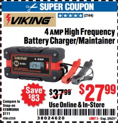 Harbor Freight Coupon 4 AMP, 6/12 VOLT HIGH FREQUENCY BATTERY CHARGER/MAINTAINER Lot No. 63350 Expired: 2/5/21 - $27.99