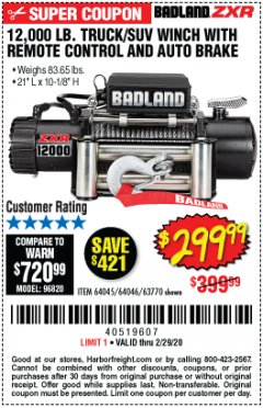 Harbor Freight Coupon 12,000 LB. TRUCK/SUV WINCH WITH REMOTE CONTROL AND AUTO BRAKE Lot No. 64045/64046/63770 Expired: 2/29/20 - $299.99