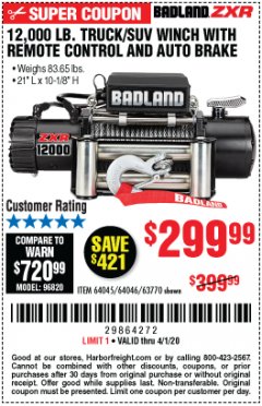 Harbor Freight Coupon 12,000 LB. TRUCK/SUV WINCH WITH REMOTE CONTROL AND AUTO BRAKE Lot No. 64045/64046/63770 Expired: 4/1/20 - $299.99