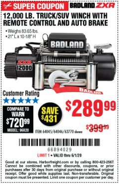 Harbor Freight Coupon 12,000 LB. TRUCK/SUV WINCH WITH REMOTE CONTROL AND AUTO BRAKE Lot No. 64045/64046/63770 Expired: 6/30/20 - $289.99