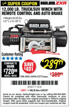 Harbor Freight Coupon 12,000 LB. TRUCK/SUV WINCH WITH REMOTE CONTROL AND AUTO BRAKE Lot No. 64045/64046/63770 Expired: 6/30/20 - $289.99