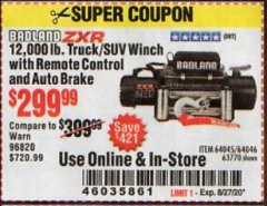 Harbor Freight Coupon 12,000 LB. TRUCK/SUV WINCH WITH REMOTE CONTROL AND AUTO BRAKE Lot No. 64045/64046/63770 Expired: 8/27/20 - $299.99