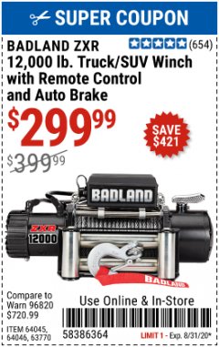 Harbor Freight Coupon 12,000 LB. TRUCK/SUV WINCH WITH REMOTE CONTROL AND AUTO BRAKE Lot No. 64045/64046/63770 Expired: 8/31/20 - $299.99