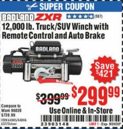 Harbor Freight Coupon 12,000 LB. TRUCK/SUV WINCH WITH REMOTE CONTROL AND AUTO BRAKE Lot No. 64045/64046/63770 Expired: 9/24/20 - $299.99