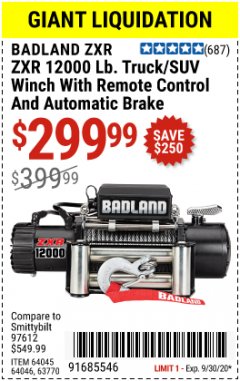 Harbor Freight Coupon 12,000 LB. TRUCK/SUV WINCH WITH REMOTE CONTROL AND AUTO BRAKE Lot No. 64045/64046/63770 Expired: 9/30/20 - $299.99