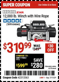 Harbor Freight Coupon 12,000 LB. TRUCK/SUV WINCH WITH REMOTE CONTROL AND AUTO BRAKE Lot No. 64045/64046/63770 Expired: 7/17/22 - $319.99