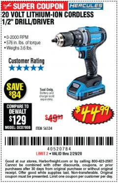 Harbor Freight Coupon 20 VOLT LITHIUM-ION CORDLESS 1/2" DRILL/DRIVER Lot No. 56534 Expired: 2/29/20 - $44.99