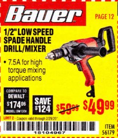 Harbor Freight Coupon BAUER 1/2" LOW SPEED SPADE HANDLE DRILL/MIXER Lot No. 56179 Expired: 2/29/20 - $49.99