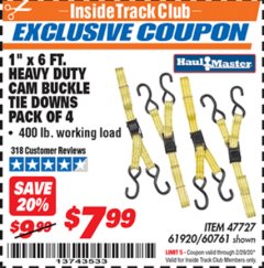 Harbor Freight ITC Coupon 1" X 6 FT. HEAVY DUTY CAM BUCKLE TIE DOWNS PACK OF 4 Lot No. 47727 Expired: 2/29/20 - $7.99
