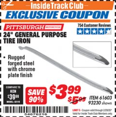 Harbor Freight ITC Coupon 24" GENERAL PURPOSE TIRE IRON Lot No. 61603/93230 Expired: 2/29/20 - $3.99