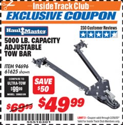 Harbor Freight ITC Coupon 5000 LB. CAPACITY ADJUSTABLE TOW BAR Lot No. 61625/94696 Expired: 2/29/20 - $49.99