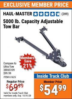 Harbor Freight ITC Coupon 5000 LB. CAPACITY ADJUSTABLE TOW BAR Lot No. 61625/94696 Expired: 10/31/20 - $54.99