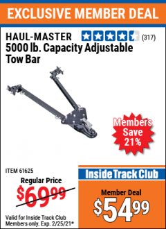 Harbor Freight ITC Coupon 5000 LB. CAPACITY ADJUSTABLE TOW BAR Lot No. 61625/94696 Expired: 2/28/21 - $54.99