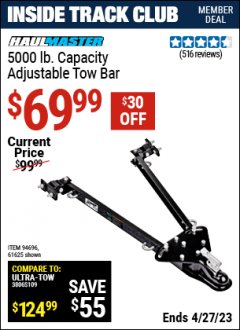 Harbor Freight ITC Coupon 5000 LB. CAPACITY ADJUSTABLE TOW BAR Lot No. 61625/94696 Expired: 4/27/23 - $69.99