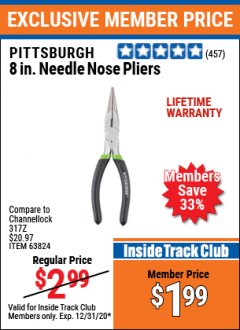Harbor Freight ITC Coupon 8" NEEDLE NOSE PLIERS Lot No. 63824 Expired: 12/31/20 - $1.99