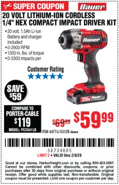 Harbor Freight Coupon 20 VOLT LITHIUM-ION CORDLESS 1/4" HEX COMPACT IMPACT DRIVER KIT Lot No. 64755/63528 Expired: 2/9/20 - $59.99