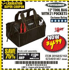 Harbor Freight Coupon 12" TOOL BAG WITH 21 POCKETS Lot No. 38168/62163/62349/61467 Expired: 6/30/20 - $4.99