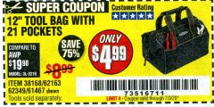 Harbor Freight Coupon 12" TOOL BAG WITH 21 POCKETS Lot No. 38168/62163/62349/61467 Expired: 7/3/20 - $4.99
