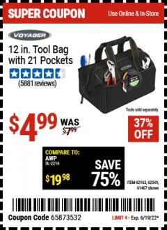 Harbor Freight Coupon 12" TOOL BAG WITH 21 POCKETS Lot No. 38168/62163/62349/61467 Expired: 6/19/22 - $4.99