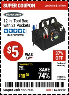 Harbor Freight Coupon 12" TOOL BAG WITH 21 POCKETS Lot No. 38168/62163/62349/61467 EXPIRES: 10/2/22 - $5