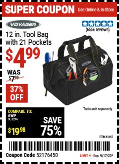 Harbor Freight Coupon 12" TOOL BAG WITH 21 POCKETS Lot No. 38168/62163/62349/61467 Expired: 9/17/23 - $4.99
