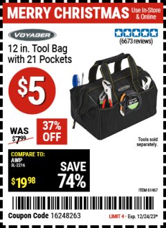 Harbor Freight Coupon 12" TOOL BAG WITH 21 POCKETS Lot No. 38168/62163/62349/61467 Expired: 12/24/23 - $5