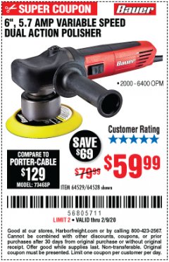 Harbor Freight Coupon 6", 5.7 AMP VARIABLE SPEED DUAL ACTION POLISHER Lot No. 64529/64528 Expired: 2/9/20 - $59.99