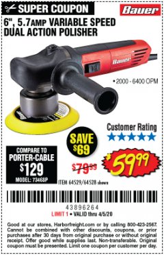 Harbor Freight Coupon 6", 5.7 AMP VARIABLE SPEED DUAL ACTION POLISHER Lot No. 64529/64528 Expired: 6/30/20 - $59.99