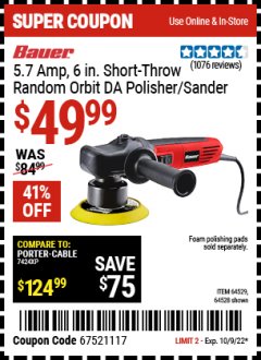 Harbor Freight Coupon 6", 5.7 AMP VARIABLE SPEED DUAL ACTION POLISHER Lot No. 64529/64528 Expired: 10/13/22 - $49.99