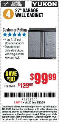 Harbor Freight Coupon YUKON 27" GARAGE WALL CABINET Lot No. 64402 Expired: 2/23/20 - $99.99