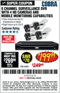Harbor Freight Coupon COBRA SURVEILLENCE SYSTEMS Lot No. 63842, 63890 Expired: 6/30/20 - $199.99