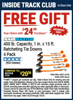 Harbor Freight FREE Coupon HAUL MASTER 4 PIECE, 1" X 15FT. RATCHETING TIE DOWNS Lot No. 90984/63056/63057/63150/56668/63094 Expired: 1/8/22 - FWP