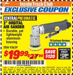 Harbor Freight ITC Coupon 2" ORBITAL AIR SANDER Lot No. 93629 Expired: 12/31/18 - $19.99