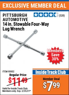 Harbor Freight ITC Coupon PITTSBURGH FOUR-WAY LUG WRENCHES Lot No. 95932/45786/9473/56573/94110 Expired: 2/25/21 - $7.99