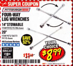 Harbor Freight Coupon PITTSBURGH FOUR-WAY LUG WRENCHES Lot No. 95932/45786/9473/56573/94110 Expired: 3/31/20 - $8.99
