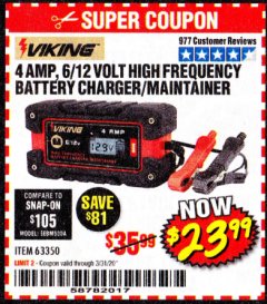 Harbor Freight Coupon VIKING 4AMP 6/12 VOLT HIGH FREQ BATTERY CHARGER/MAINTAINER Lot No. 63350 Expired: 3/31/20 - $23.99